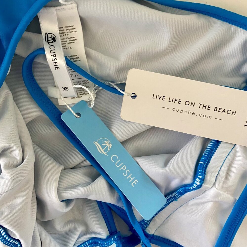 Cupshe Blue Ruffle Tie Back Plunging Neck Strappy One Piece Swimsuit XS NEW NWT - Picture 8 of 10
